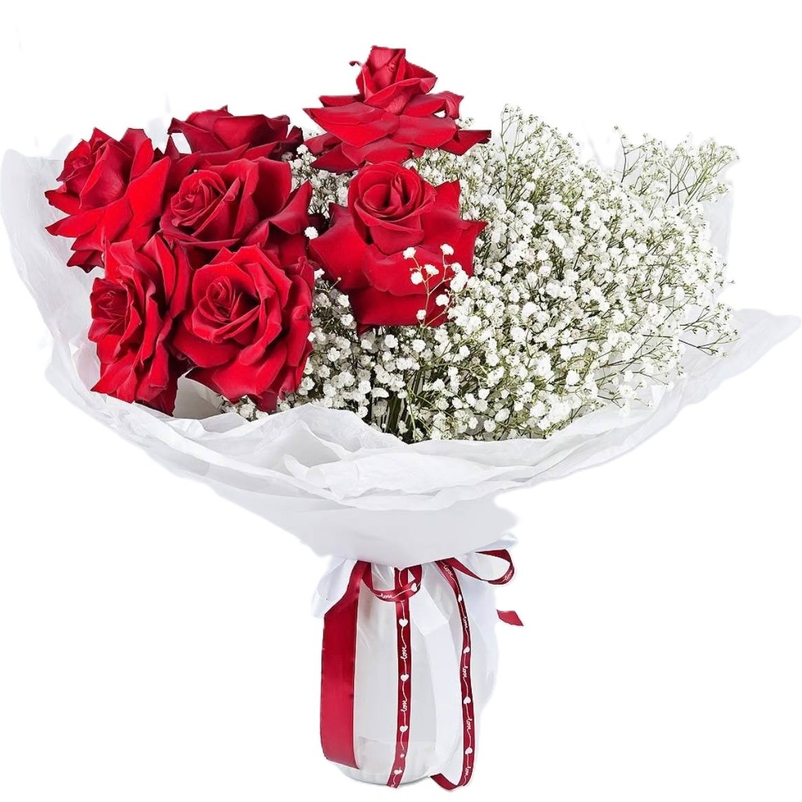 Букет из 7 красных роз и гипсофил в крафте